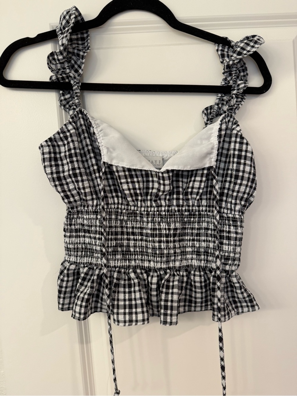 Wayf | Black & White Gingham Ruffle Smocked Tank Top